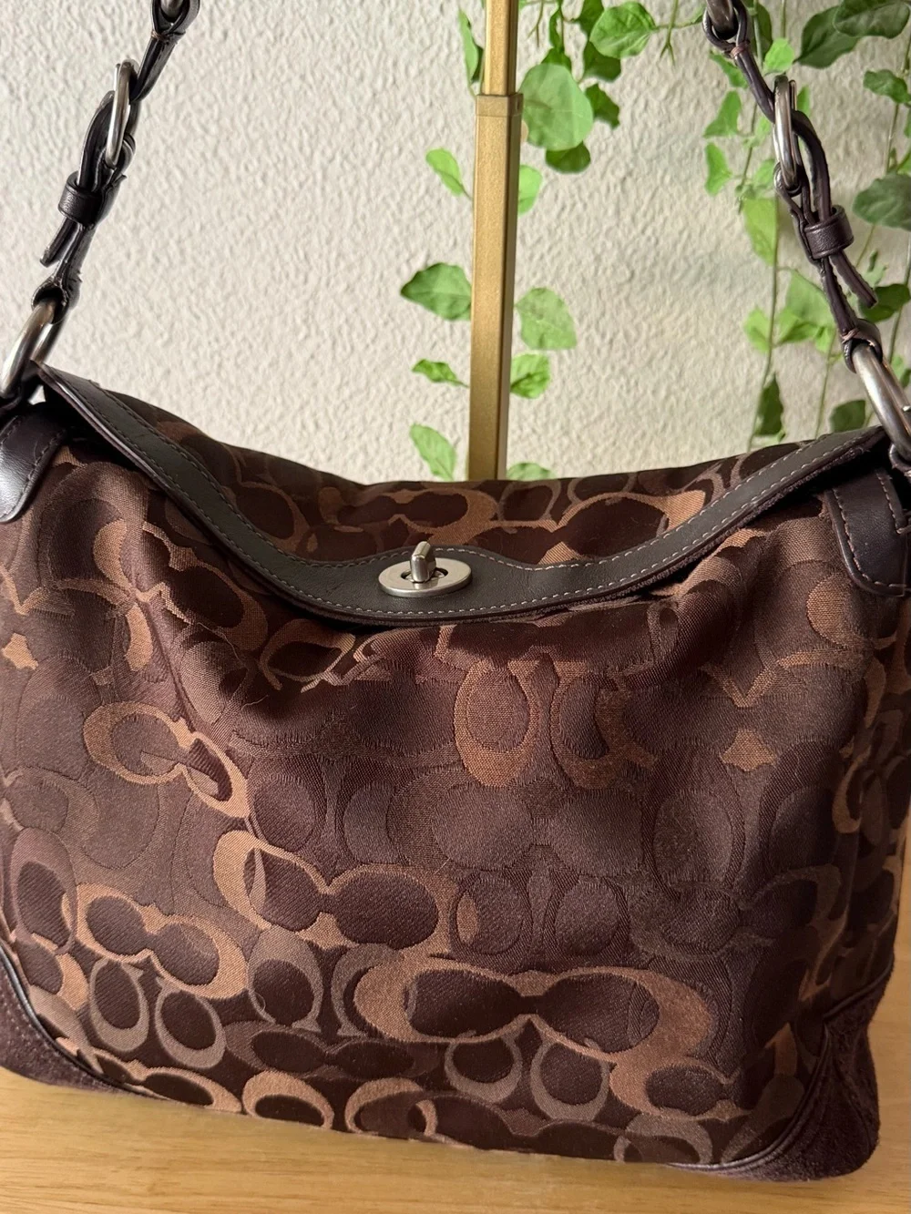 Coach Brown Signature Jacquard Hobo Bag Large Suede